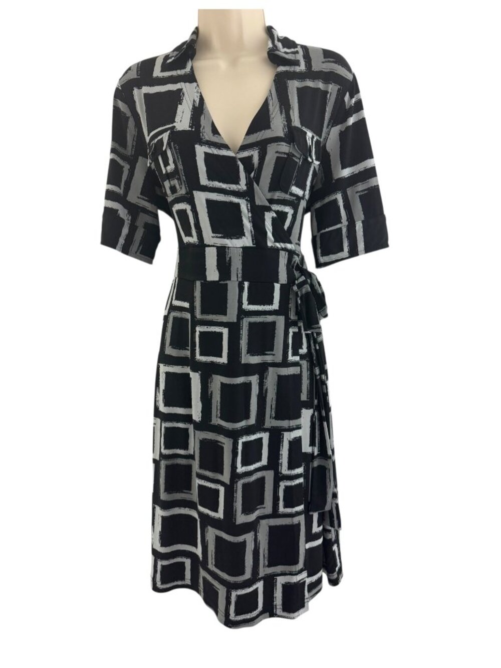 Apt. 9 Black Gray Geometric Print Short Sleeve Faux-Wrap Dress‎ Side Tie Size L